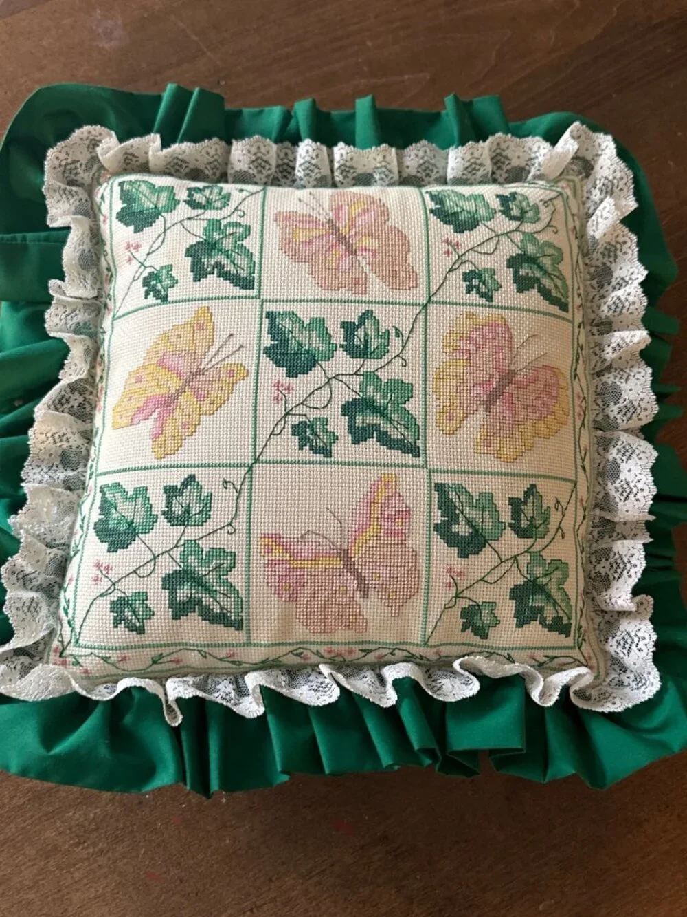 Vintage Butterfly Leaf needlepoint Pillow 16in Cottagecore Grandmacore Country